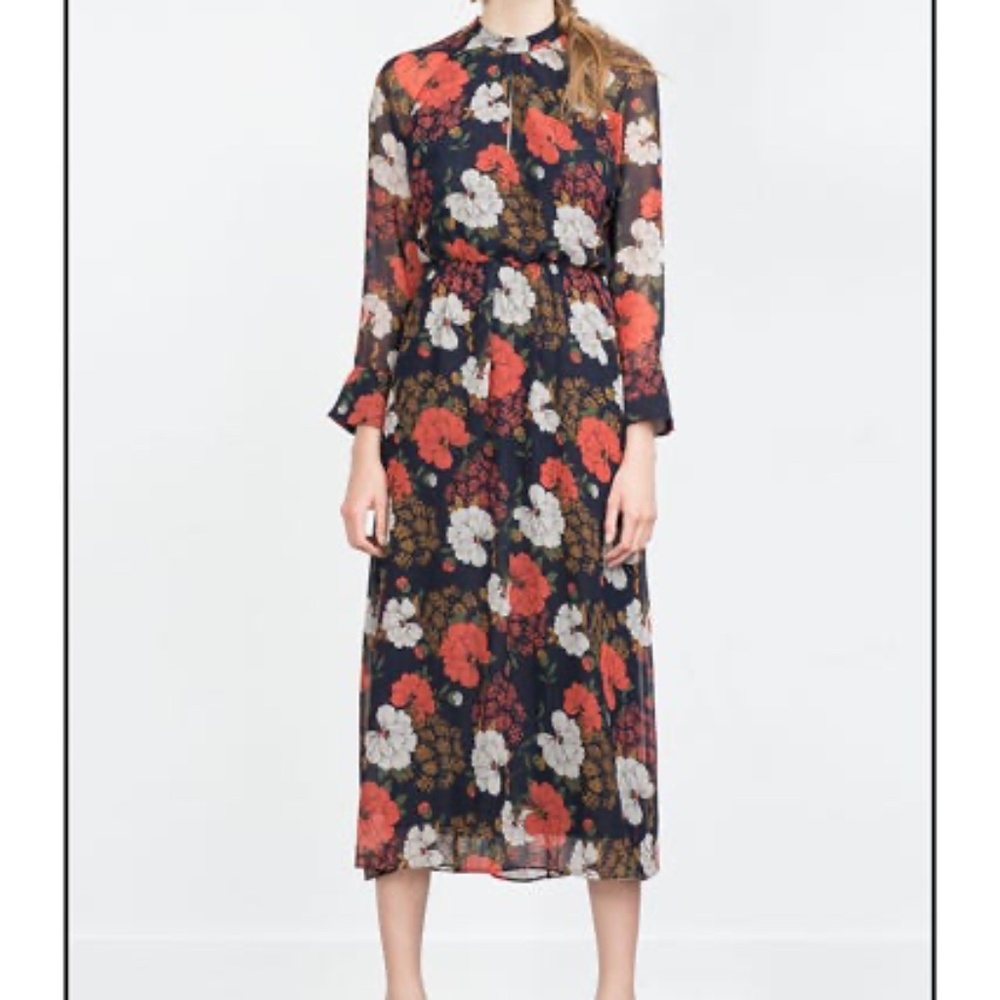 Zara Autumn Peony Floral Chiffon Midi Dress (Keyhole Neckline) - Picture 3 of 4